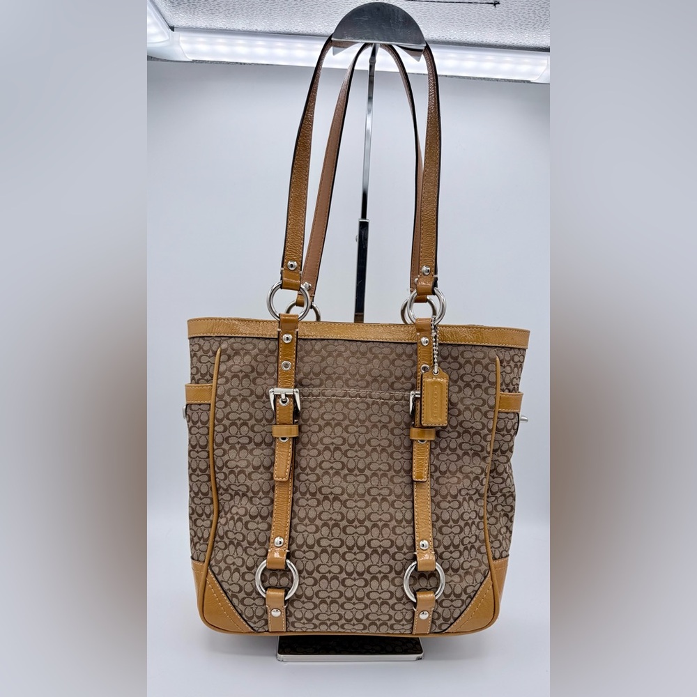 Coach Signature Jacquard Soho Tote Bag Tan Brown Patent Leather Trim F12311‎
